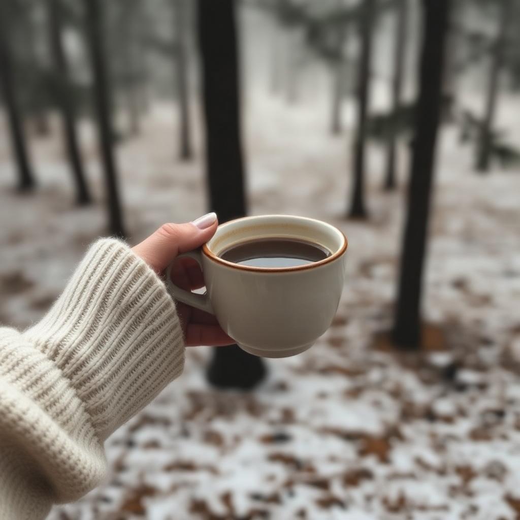 Hænder i uldtrøje holder en varm kop kaffe i tåget skov